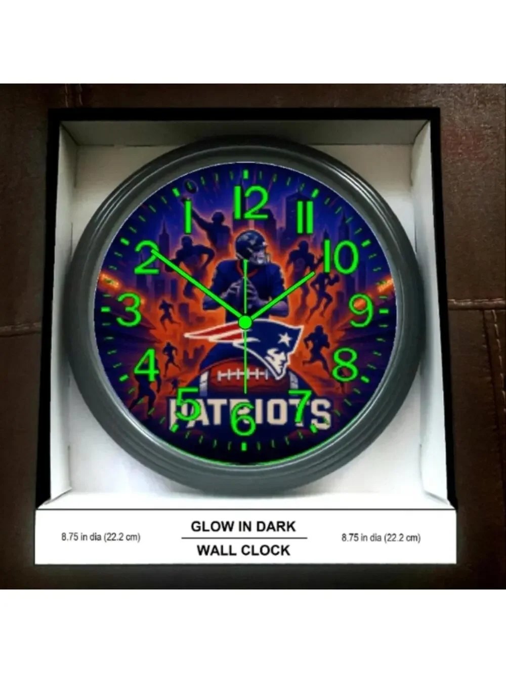 REVERSE TICKING CLOCK NEW ENGLAND PATRIOTS Glow In The Dark Wall Clock New!
